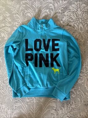 PINK Victoria's Secret Turquoise Half-Zip 'LOVE PINK' Sweatshirt